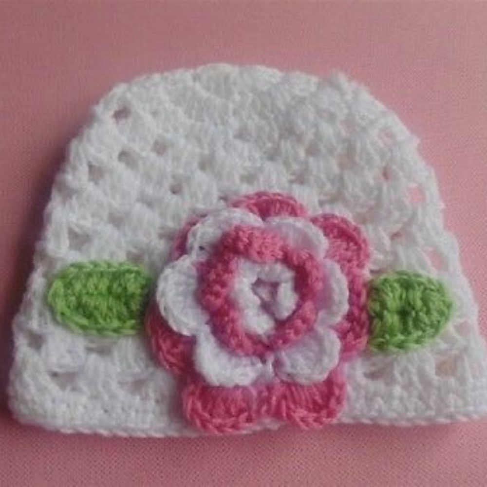 Girl's White Crochet Pink Flower Beanie Hat - Picture 2 of 3